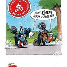 "Auf einem noch jünger!!" Zwei Comic-Figuren stürzen mit Motorrädern. Logo: "Auf zwei Rädern bleibt man jung".