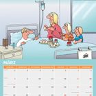 Illustration: Ein Krankenhauszimmer mit einer Familie, die den Patienten Kuchen bringt. Kalender für März unten.