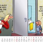 Illustration: Zwei Personen. Links sagt jemand: „War das alles? Das war noch nicht mal eine Minute!“ Rechts: „Man wird sich ja wohl noch klimaschonend waschen dürfen!“ Unten ein Kalender für Mai.