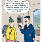 Ein Schaffner erklärt auf Deutsch mit starkem Akzent, dass er perfektes Englisch spricht. Illustration in einem Zug.