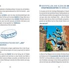 Links: "7 Tüdeln", "8 Etwas Norddeutsches mit 'JES' Konsumieren", Zeichnung Fischbrötchen. Rechts: "9 Feststellen, wie klein...Stadtmusikanten…" und deren Skulpturfoto.