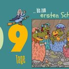 Noch 9 Tage bis zum ersten Schultag! Illustration von Dinosauriern in Eierschalen und einer Hexe auf einem Besen.