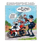 Eine Illustration zeigt einen Verkehrskasper, der einen Raser auf einem Motorrad mit einer Klatsche schlägt. Ein Polizist schaut zu.