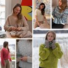 Personen tragen gestrickte Pullover in verschiedenen Farben wie beige, rot, blau und grün. Eine Frau hält einen Becher.