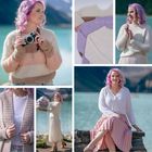 Person mit rosa Haaren trägt gestrickte Kleidung am türkisfarbenen See, hält Kamera und Pullover.