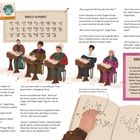 Werk zeigt Louis Braille und Kinder an Holzpulten. Braille-Alphabet auf Tafel. Hand liest Punktschrift.