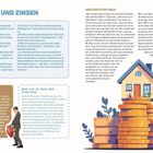 SCHULDEN UND ZINSEN. GESCHÄFTE MIT GELD. Wie zahlt man einen Kredit zurück? Wenn sich der Staat Geld leihen muss. Illustration: Haus auf Münzstapeln.