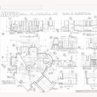 Texte: "Maz’ Schloss", "AVCO HALL OF MIRRORS", "Plan & Elevations", "Scale 1/4\"=1'-0\"". Zeichnung von technischen Plänen.