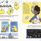 Text: "Glücklich", "Juhuu!", "Was macht dich glücklich?", "Innen", "Außen", "Was mich glücklich macht".  
Illustration: Fröhliche gelbe Figuren, ein Kind mit farbigem Pullover und Tafel.