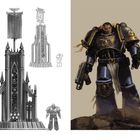 "Mut und Ehre". Illustration eines futuristischen Kriegers in Rüstung mit Kettenschwert, umgeben von düsteren Gebäuden.