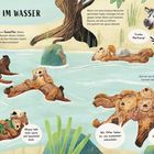 Texts: "Ich treibe im Wasser", "Ich bin ein Seeotter", "Ich halte mein Baby dicht bei mir", "Mama hält mich warm", "Wenn ich eine leckere Muschel", "Cooles Werkzeug!", "Zeit für ein Schläfchen", "Wir Otter lieben es", "Eine Gruppe Seeotter treibt", "Du findest das cool?"

Illustration: Seeotter treiben auf dem Wasser, ein Zebra am Ufer.