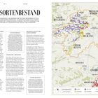 REBSSORTENBESTAND. Text über Vielfalt der Champagner-Rebsorten, Karte zeigt Regionen der Champagne mit farbigen Markierungen.