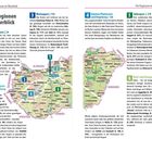 „Die Regionen im Überblick. 1. Budapest | 24. 2. Budapests Umgebung | 88. 3. Westungarn | 114. 4. Balaton (Plattensee) | 168. 5. Südungarn | 210. 6. Nord- und Ostungarn | 256.“ Karte von Ungarn mit markierten Regionen.