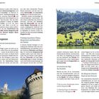 Texte beschreiben Luzern und Umgebung mit Sehenswürdigkeiten wie den Verkehrshaus der Schweiz, Schloss Meggenhorn und Richard Wagner Museum. Foto zeigt Landschaft mit Gebäuden auf Hügeln.