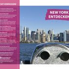 Violetter Text: "NICHT VERPASSEN!" und "NEW YORK ENTDECKEN". Liste von Sehenswürdigkeiten mit Kurzbeschreibungen. Skyline im Hintergrund.