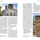 **Texte im Bild:**

- *Lucca entdecken* (oben)
- **Blickfang im Inneren ist das romanische, im 12. Jh. angefertigte Taufbecken...**
- *Die weitgehend schmucklose Fassade zur Piazza San Frediano wirkt fast wuchtig.*
- *Museo Nazionale di Villa Guinigi*
- *Auf dem Torre Guinigi...*

**Beschreibung:**

Links ist eine historische Kirche mit einer bunten Fassade. Rechts ein Ziegelturm mit Bäumen oben.