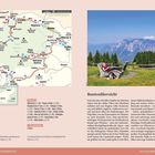 Routenübersicht: Strecke und Streckenlänge beschrieben. Links Karte, rechts Berge, Wiesen, Person entspannt mit Hund.