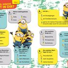 Fragen und Antworten leiten an, welcher Minion man ist. Illustration zeigt gelbe Minions in blauer Latzhose.