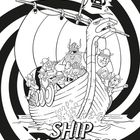 "SHIP HAPPENS!" steht groß. Wikinger auf einem Drachenboot mit einer lustigen Karikatur und spiralförmigem Hintergrund.