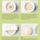 „SO GEHT'S: HEFETEIG OHNE GLUTEN“. Vier Rezeptschritte mit Fotos zur Herstellung von glutenfreiem Hefeteig.
