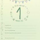 "Heute bin ich 1 Monat alt." Illustration mit Baby-Themen wie Flasche, Schnuller und Blüte umgeben von Leinen und Blumen.