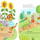 „Hallo Erdmännchen! Wohin schleichst du so leise?“ Illustrativer Stil. Katze und Erdmännchen mit Sonnenblumen.