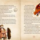 Zwei Seiten eines fantasievollen Buches. Links ein lachender Junge mit Umhängen; rechts ein Drache mit grünen Augen.