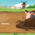 Text: "Oft ist es rosa und ganz speckig, manche sagen, es sei dreckig... Na klar, das ist bestimmt ein Schwein."  
Illustration: Ein Schwein wälzt sich im Schlamm.