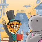 Text: „Es gab da mal drei Herren.“
Illustration: Ein Storch, Tiger im Zylinder, Nilpferd vor Häusern. Fantasievoll und bunt.