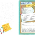 **Links:** Text über Spaß, Papierreste, und ein Vorschulprofi-Button.  
**Rechts:** "PAPIERPARTY", Materialien und Spiele wie Papierkugeln schubsen.  
**Illustration:** Montag ist Profi-Tag Notiz mit Perlenkette.