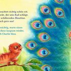 Text: "Es hat geklappt! Charlie leuchtet...Dann wird auch Charlie blau." Illustration von einem Chamäleon und einem Pfau.