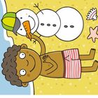 Illustration eines Jungen in Badehose, der am Strand neben einem Schneemann liegt, mit Muschel und Seestern.