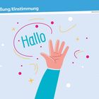 Text "Begrüßung/Einstimmung" und "Hallo", Illustration: winkende Hand, Konfetti, blaues und rosa Farbschema.