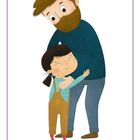 Illustration: Ein Mann mit Bart umarmt liebevoll ein kleines Mädchen in Latzhose, beide lächeln glücklich.