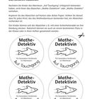 Einleitung für Lehrkräfte und Eltern. Das Detektiv-Abzeichen. Vier runde Abzeichen mit der Aufschrift „Mathe-Detektiv“ und einem Fisch.