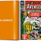 Links: "The Comics" auf orangefarbenem Hintergrund. Rechts: Comic-Cover mit "The Avengers", Helden und Sprechblasen.