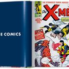 Links steht "THE COMICS" in Weiß auf blauem Hintergrund. Rechts ist ein buntes Comic-Cover der X-Men.