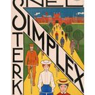 Text: "SNEL SIMPLEX STERK". Illustration mit Radfahrern, Bäumen und einem großen Gebäude im Hintergrund.