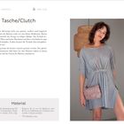 "Tasche/Clutch" oben, links Beschreibung der Herstellung. Rechts ist eine Frau mit einer grau-pinken Clutch.