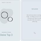 Links: "Deine Top 3," zwei Kreise auf grauem Hintergrund. Rechts: Frage zur Bedeutung der drei wichtigsten Dinge.