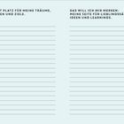 Links: "Hier ist Platz für meine Träume, Visionen und Ziele." Rechts: "Das will ich mir merken: Meine Seite für Lieblingssätze, Ideen und Learnings." Darunter je 14 Linien.