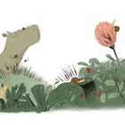 Eine Illustration: Ein gemütliches Nilpferd von Schnecken bedeckt, neben Blumen und Pflanzen im Gras.