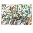 Künstlerisch abstrakte Darstellung eines Raumes mit bunten Möbeln und Blumen. Monat Mai ist mit Kalendergrafik dargestellt.