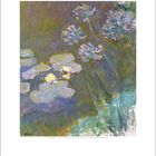 "Mai" und "May" als Kalendermonate. Gemälde mit Seerosen und violetten Blumen auf einem grünen Hintergrund.