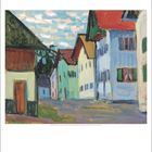 Gemälde von Gabriele Münter mit bunten Häusern und blauen Akzenten; unten ein Mai-Kalender mit 31 Tagen.