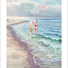 Zwei Personen im Wasser. Eine sagt, dass er im Kontakt mit dem Ozean sein Ego ablassen kann. Die andere geht schwimmen.