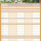 Mai 2027 Kalender. Oben Foto eines üppigen Gartens mit weißen Blumen und Backsteinhaus.