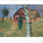 Gemälde: Ländliche Szene mit einem roten Haus, Bäumen und blauer Himmelslandschaft im Hintergrund.