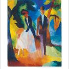 Gemälde von August Macke. Zwei Erwachsene und ein Kind in bunten Farben in einer stilisierten Naturumgebung.