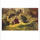 Kalenderseite mit Gemälde; Carl Spitzweg, "Der Maler im Garten", ein Mann mit Schirm in blühendem Garten. Darunter Kalenderdatum: Mai.